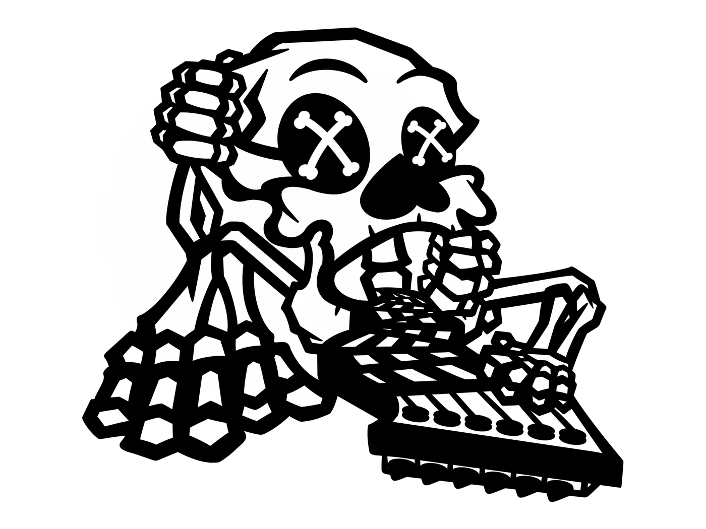Skullybones EP cover art — skull operating a beat machine, ink illustration